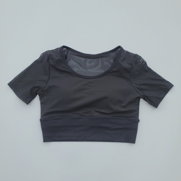 Pedigree Double Layered Mesh Crop Tee with Sports Bra Liner | Black - Picture 1 of 10